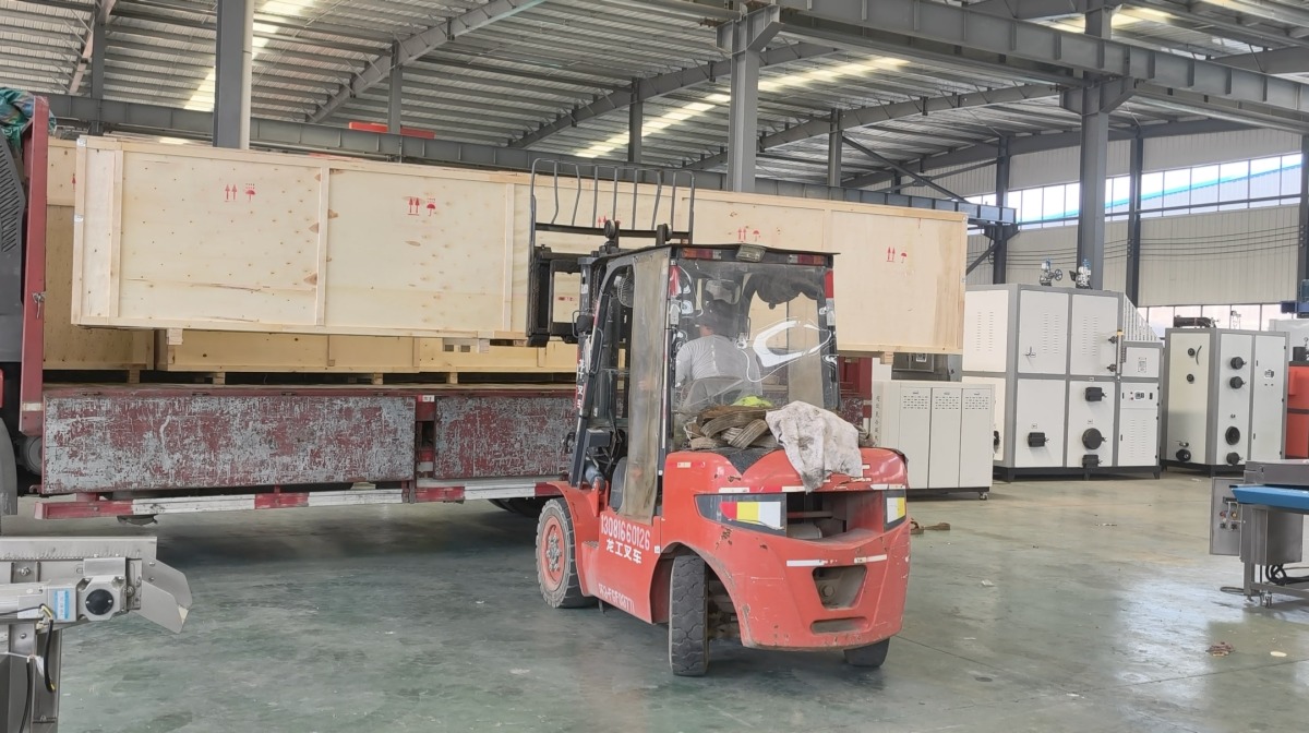 Wooden-case equipment loading before shipment