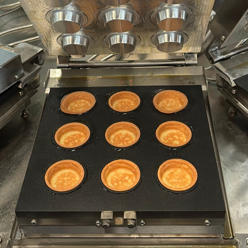 Round tart shell samples in an open mould plate.